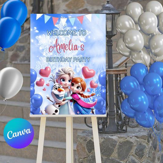 Editable Frozen Welcome Sign, Elsa, Anna & Olaf Birthday Poster, Printable Winter Wonderland Party Decor, Instant Digital Download Template