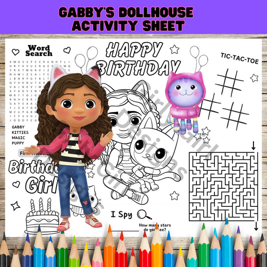 Gabby's Dollhouse Birthday Activity Sheet | Printable Party Placemat | Instant Download
