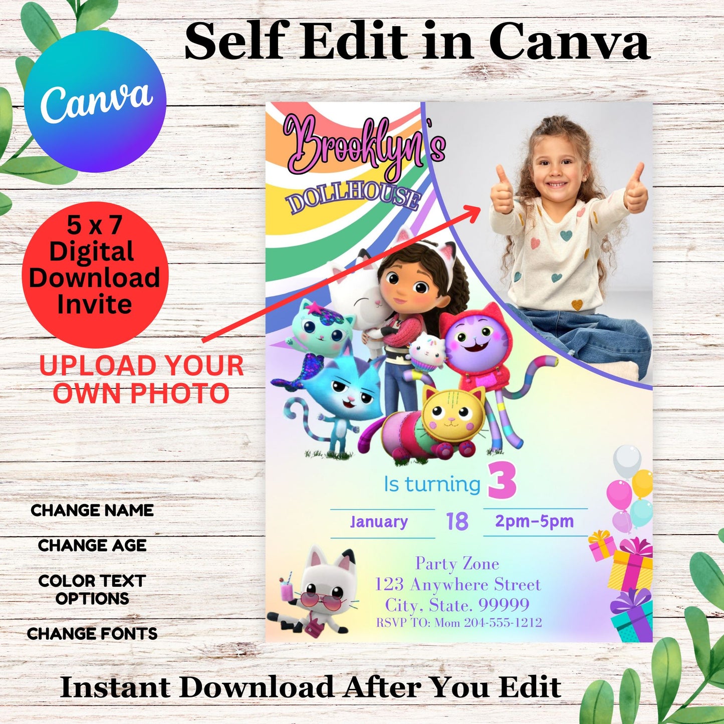 Editable Gabby's Dollhouse Photo Birthday Invitation Template - Personalized Kid's Party Invite, Canva Digital Download.