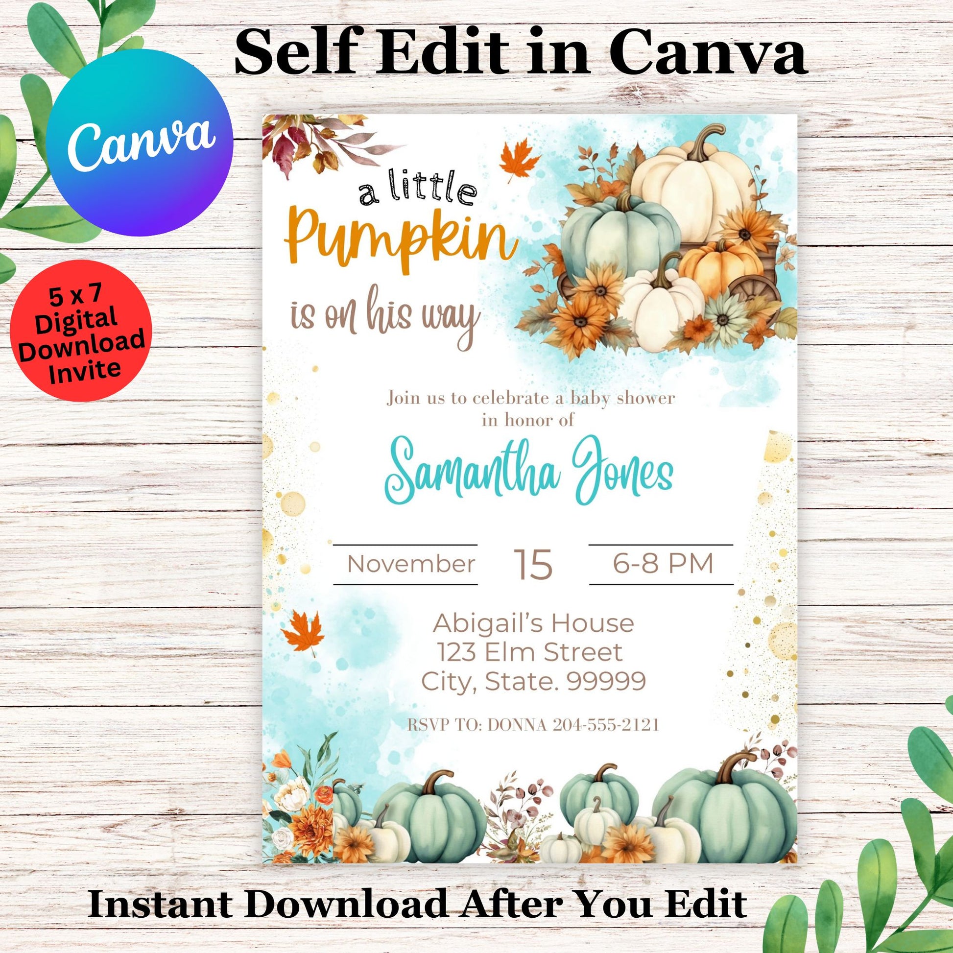 A Little Pumpkin Is On The Way Baby Shower Invitation Template, Editable Fall Autumn Gender Neutral Invite, Rustic Blue Orange Greenery Instant Download