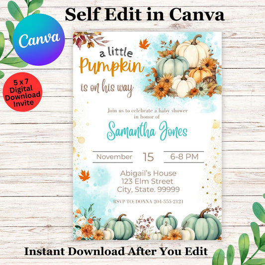 A Little Pumpkin Is On The Way Baby Shower Invitation Template, Editable Fall Autumn Gender Neutral Invite, Rustic Blue Orange Greenery Instant Download