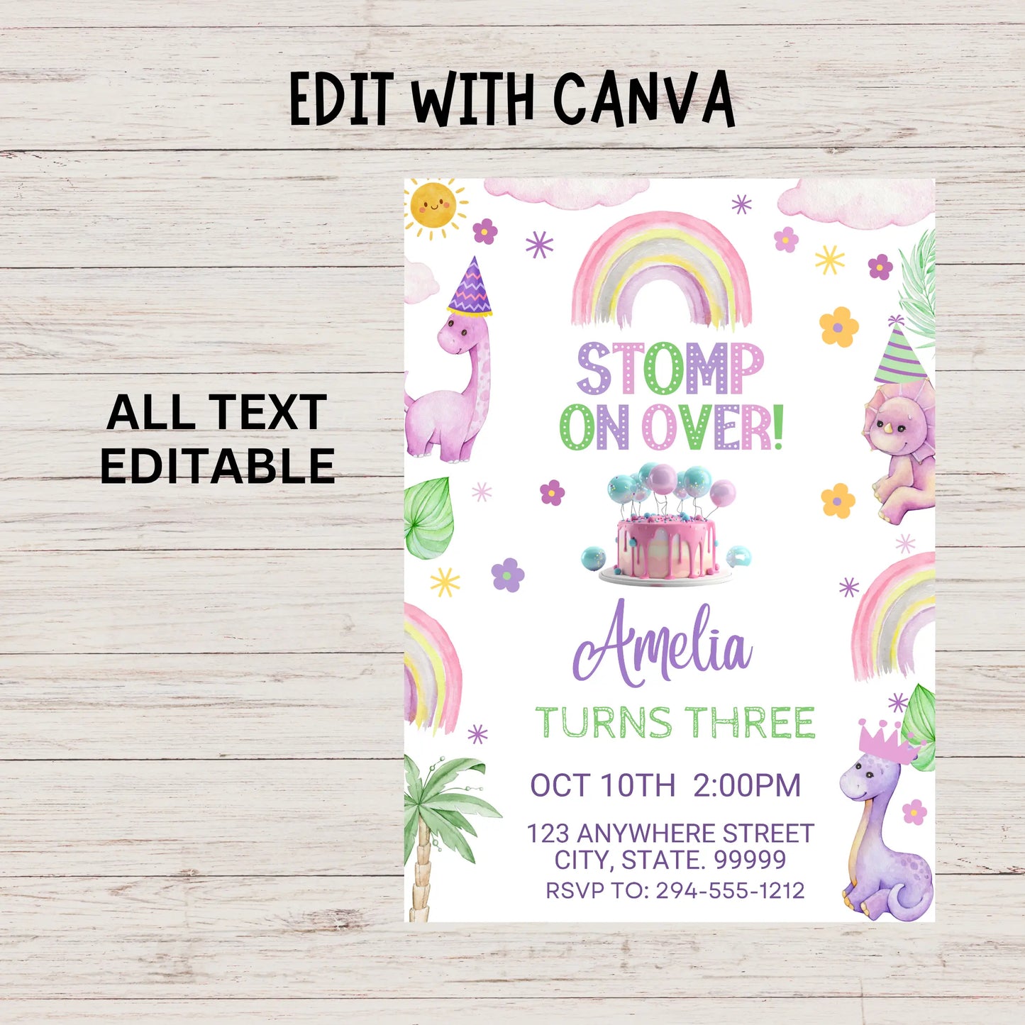 Watercolor pastel dinosaur birthday printable"
"Three Rex pastel dinosaur invitation girl"
"Soft color dinosaur birthday invite template