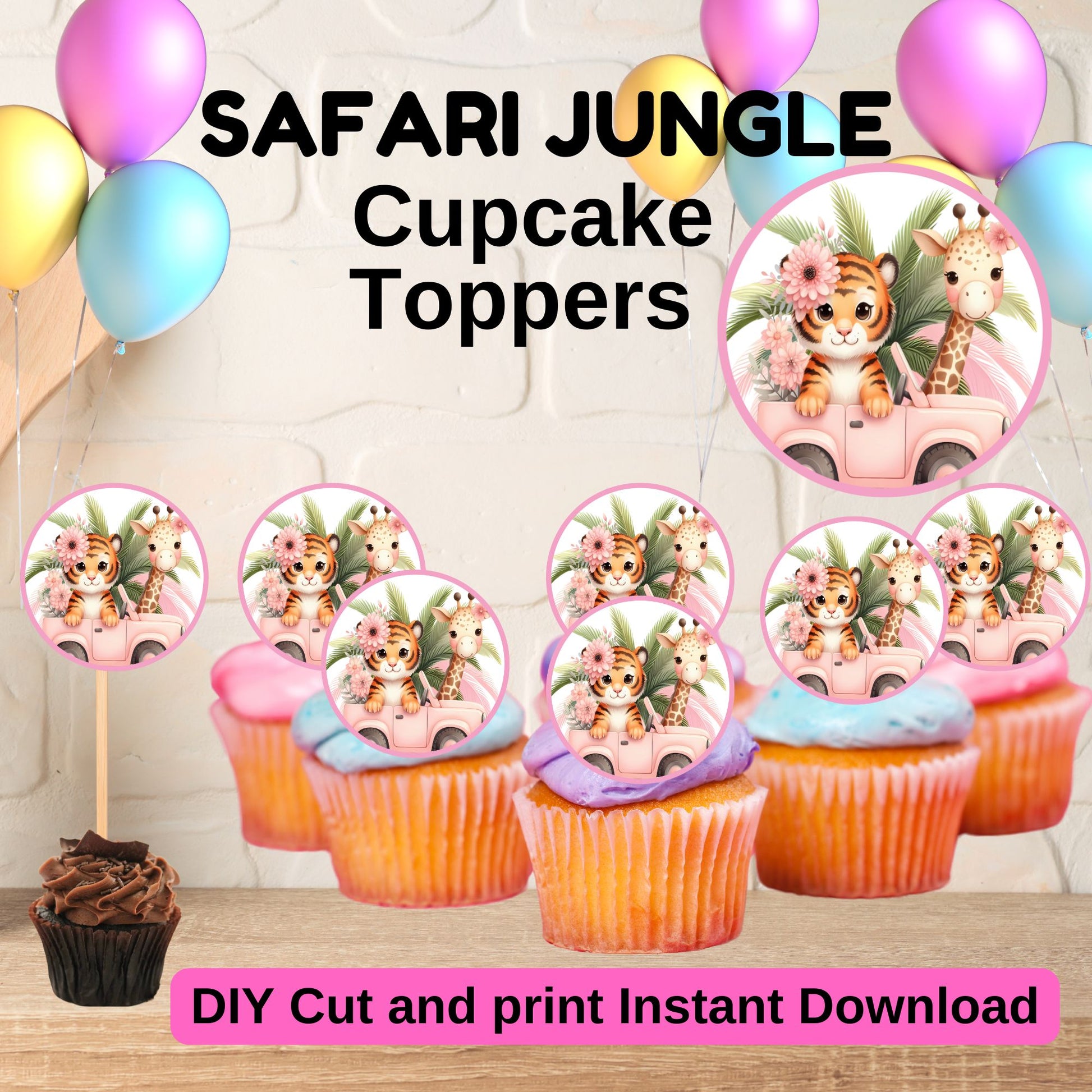 Pink Safari Baby Shower Cupcake Toppers Template | Jungle Animal Birthday Party Decorations | Wild One DIY Printables for Girls