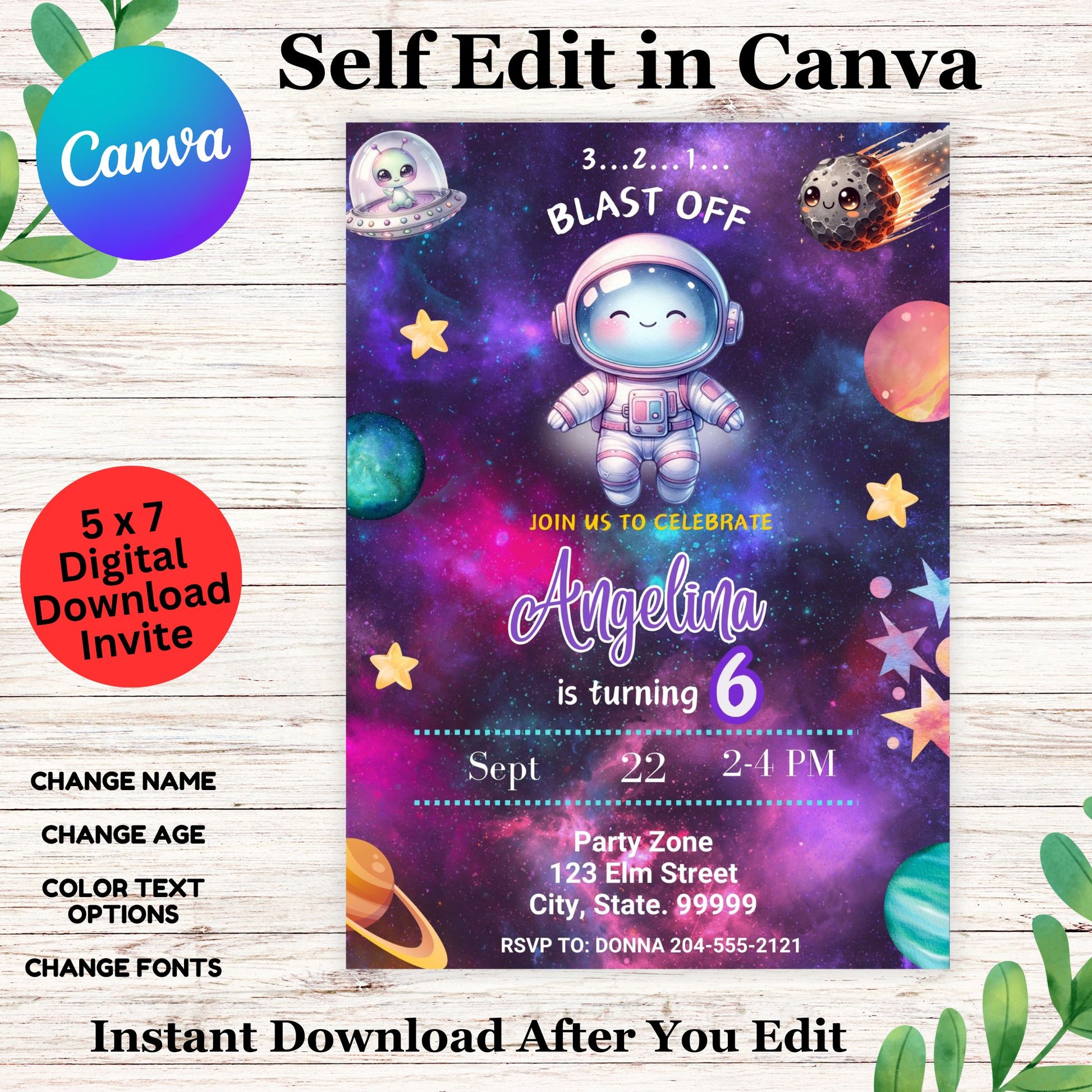 Editable Blast Off Birthday Invitation Template, Girl Outer Space Party, Pastel Planet Galaxy Invite, Astronaut Theme Instant Download