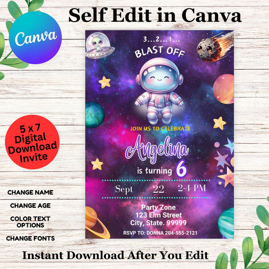 Editable Blast Off Birthday Invitation Template, Girl Outer Space Party, Pastel Planet Galaxy Invite, Astronaut Theme Instant Download