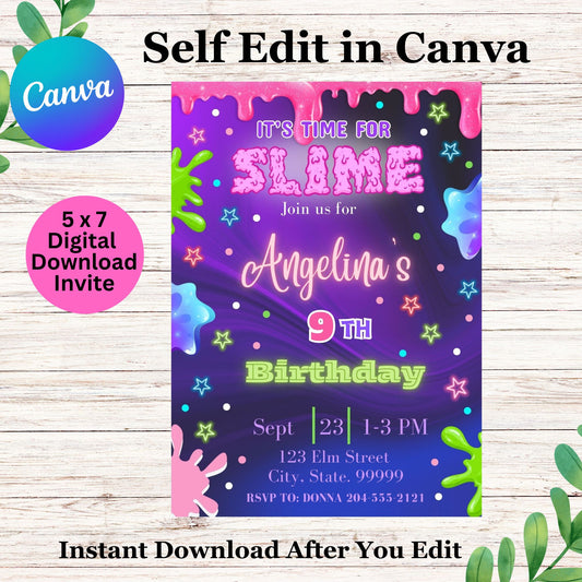 Editable Girls Slime Birthday Invitation Template, Neon Glow Slime Party Invite, Rainbow Slime Time, Kids Printable Digital Download