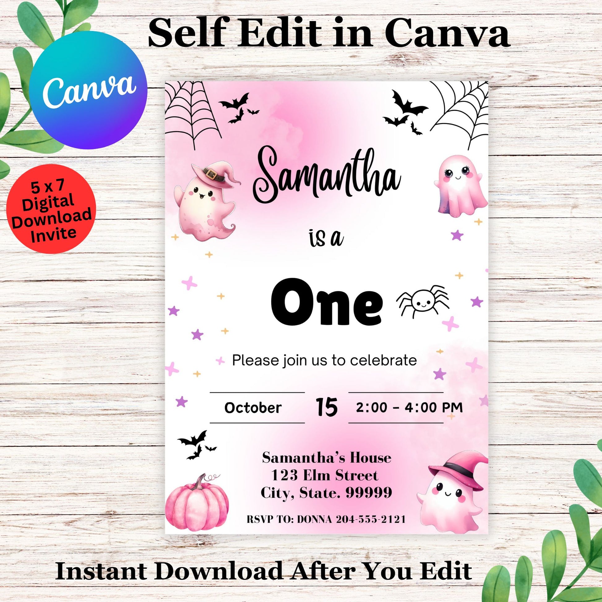 Cute Pink Ghost Spooktacular Birthday Invitation | Editable Halloween Girls Birthday Invite | Hey Boo Bday Party Template