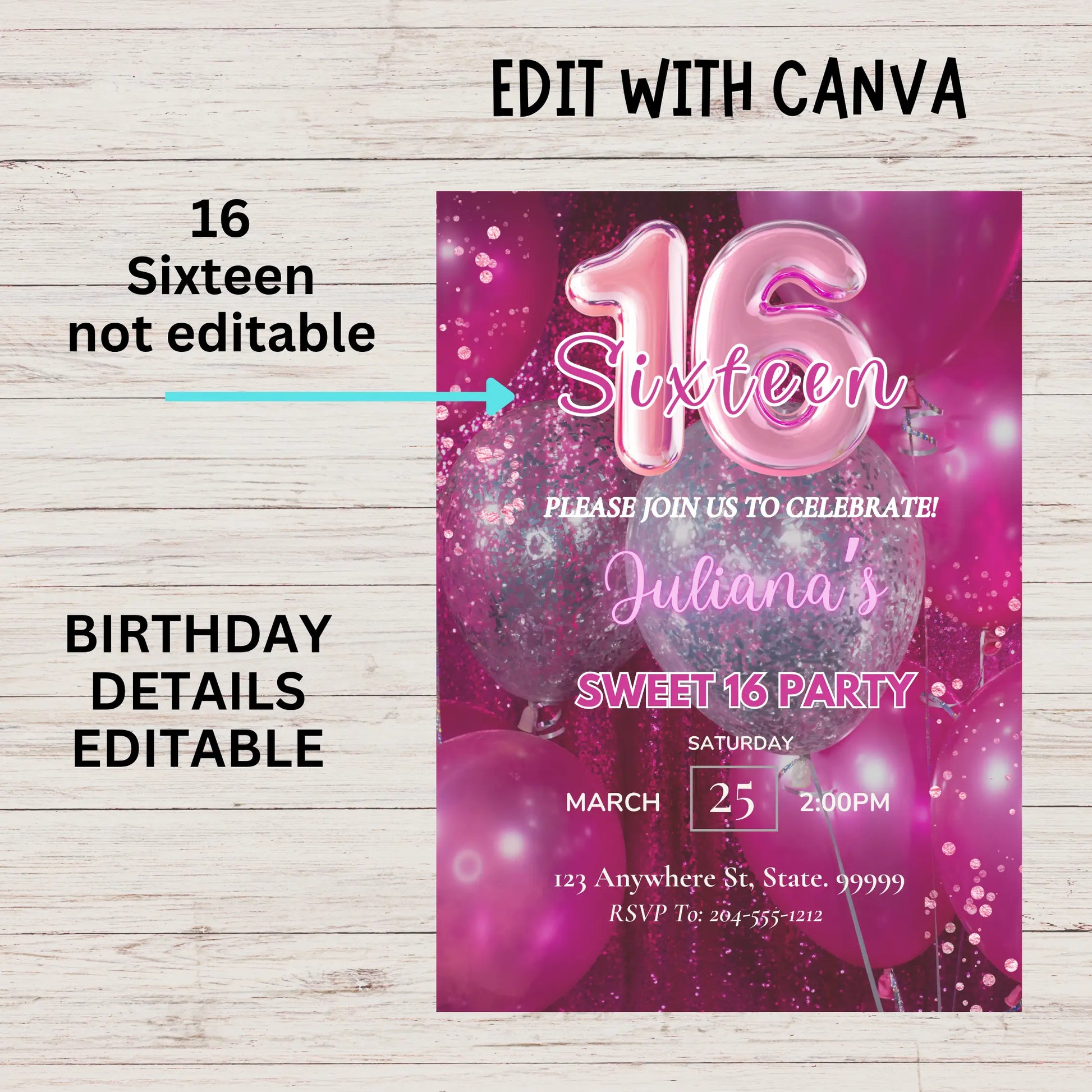Hot Pink Sweet 16 Invitation, Editable Sweet 16 Template, Balloon 16th Birthday Invitation, Pink Invitation.