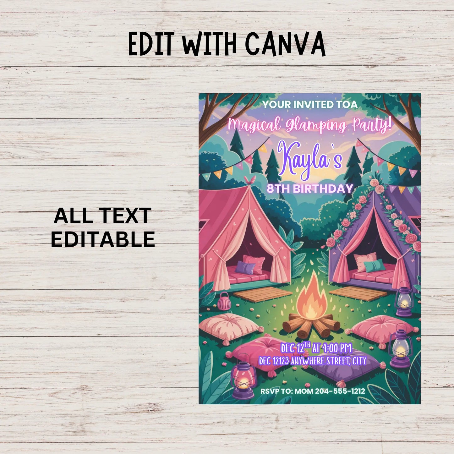 Boho glamping girl birthday invite, Pink glamping camp out invitation