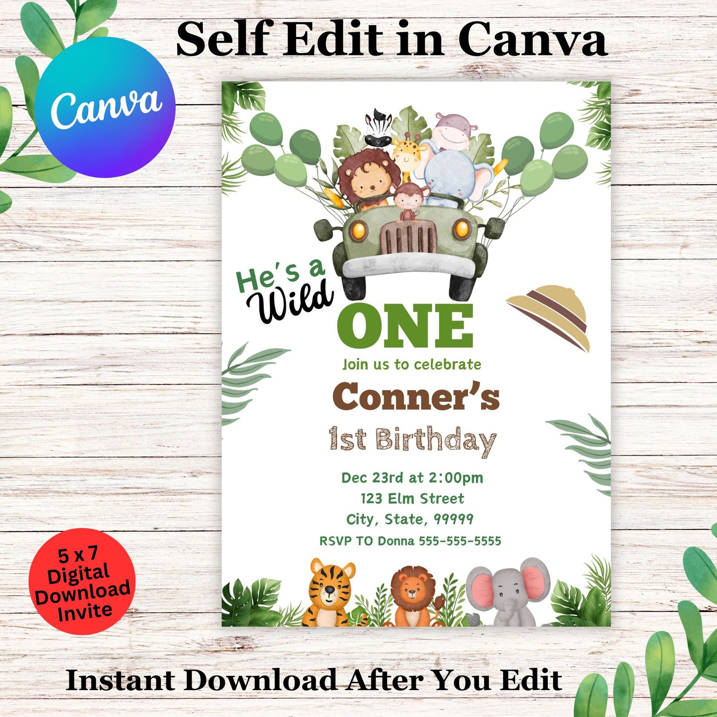 Editable Wild One Birthday Invitation Boy, Safari Jungle Animals 1st Birthday Party Invite Template, Printable Digital Download, INSTANT ACCESS