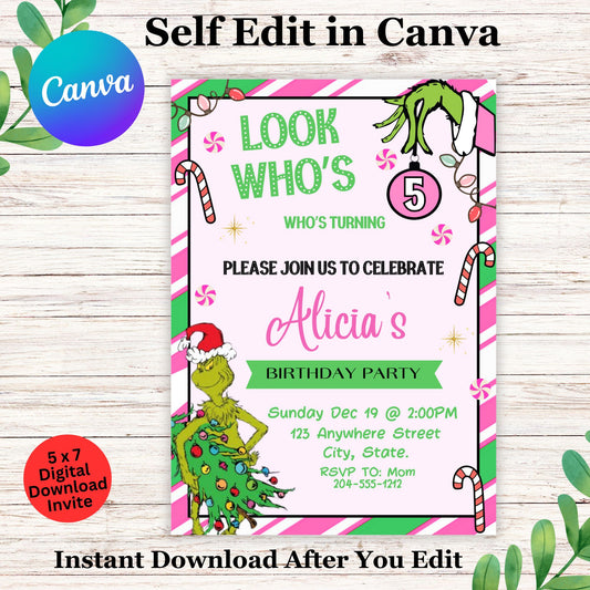 Editable Kids Grinch Birthday Invitation Template | December Birthday Invite | Who-liday Grinchmas Party Theme