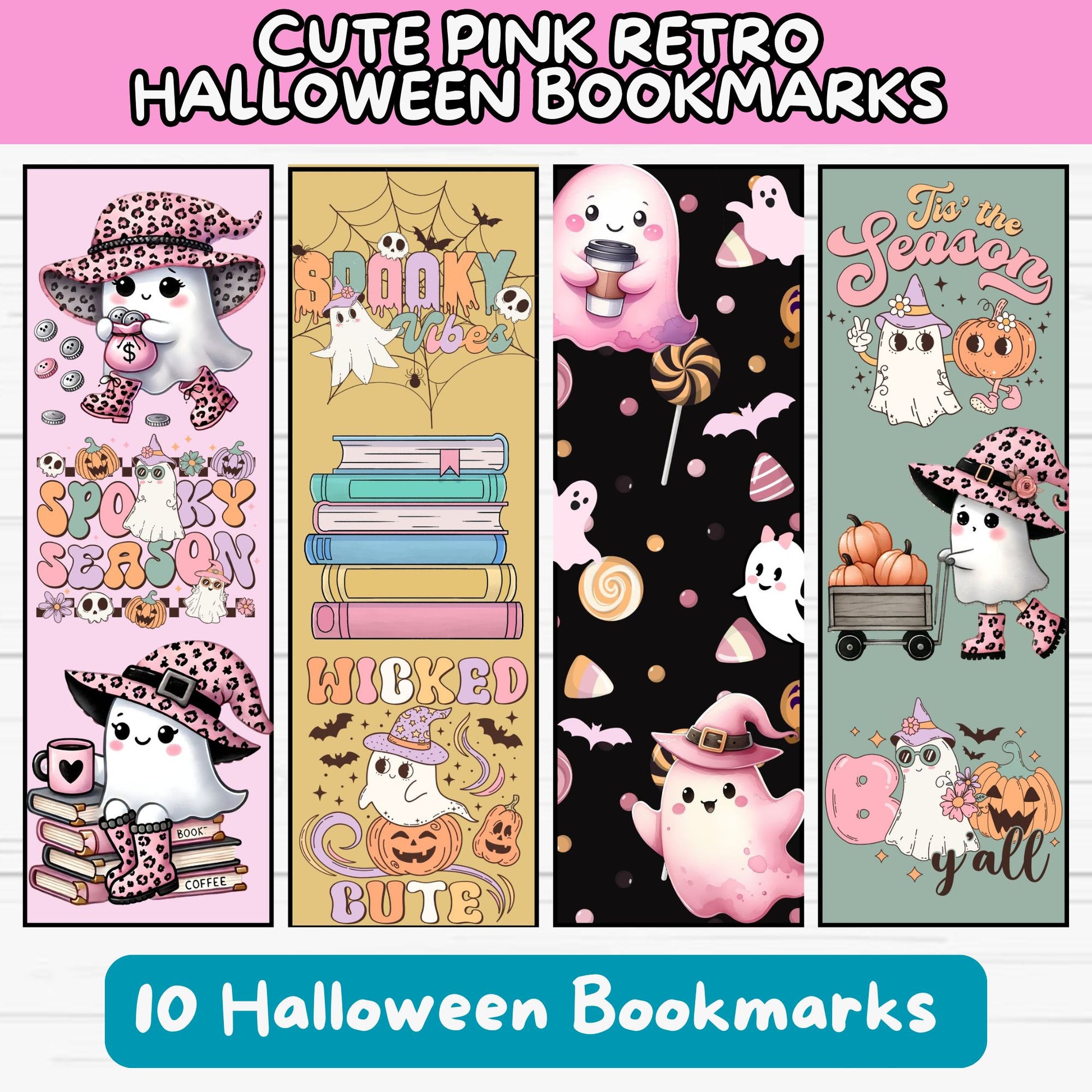 Halloween Bookmarks printable - Pink Retro Halloween Bookmarks 