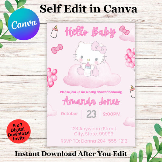 EDITABLE Hello Kitty Baby Shower Invitation Template, Pink Kitty Baby Girl Invite, Kawaii Kitten Printable, Instant Download Digital File
