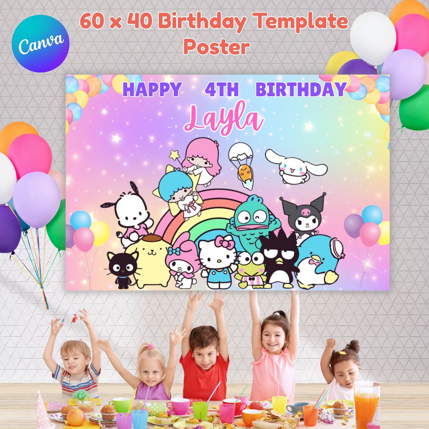 Editable Hello Kitty and Friends Birthday Party Backdrop Template | Printable Sanrio Photo Booth Poster | Cute Kawaii Party Decor