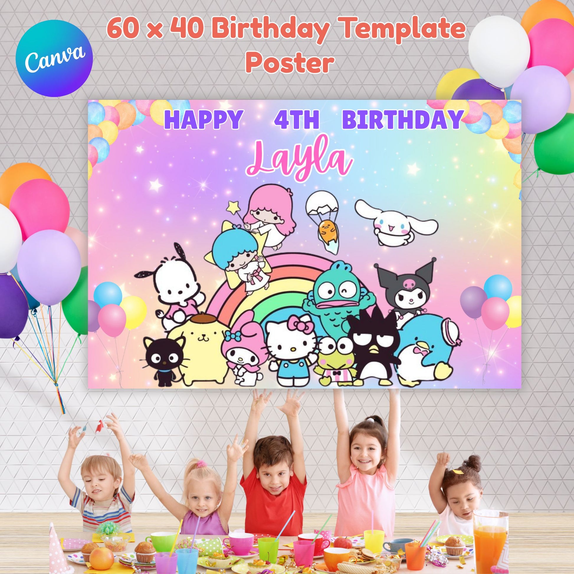 Editable Hello Kitty and Friends Birthday Party Backdrop Template | Printable Sanrio Photo Booth Poster | Cute Kawaii Party Decor