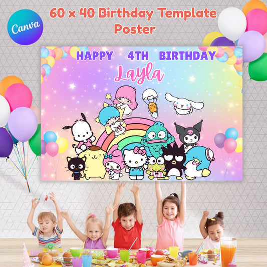 Editable Hello Kitty and Friends Birthday Party Backdrop Template | Printable Sanrio Photo Booth Poster | Cute Kawaii Party Decor