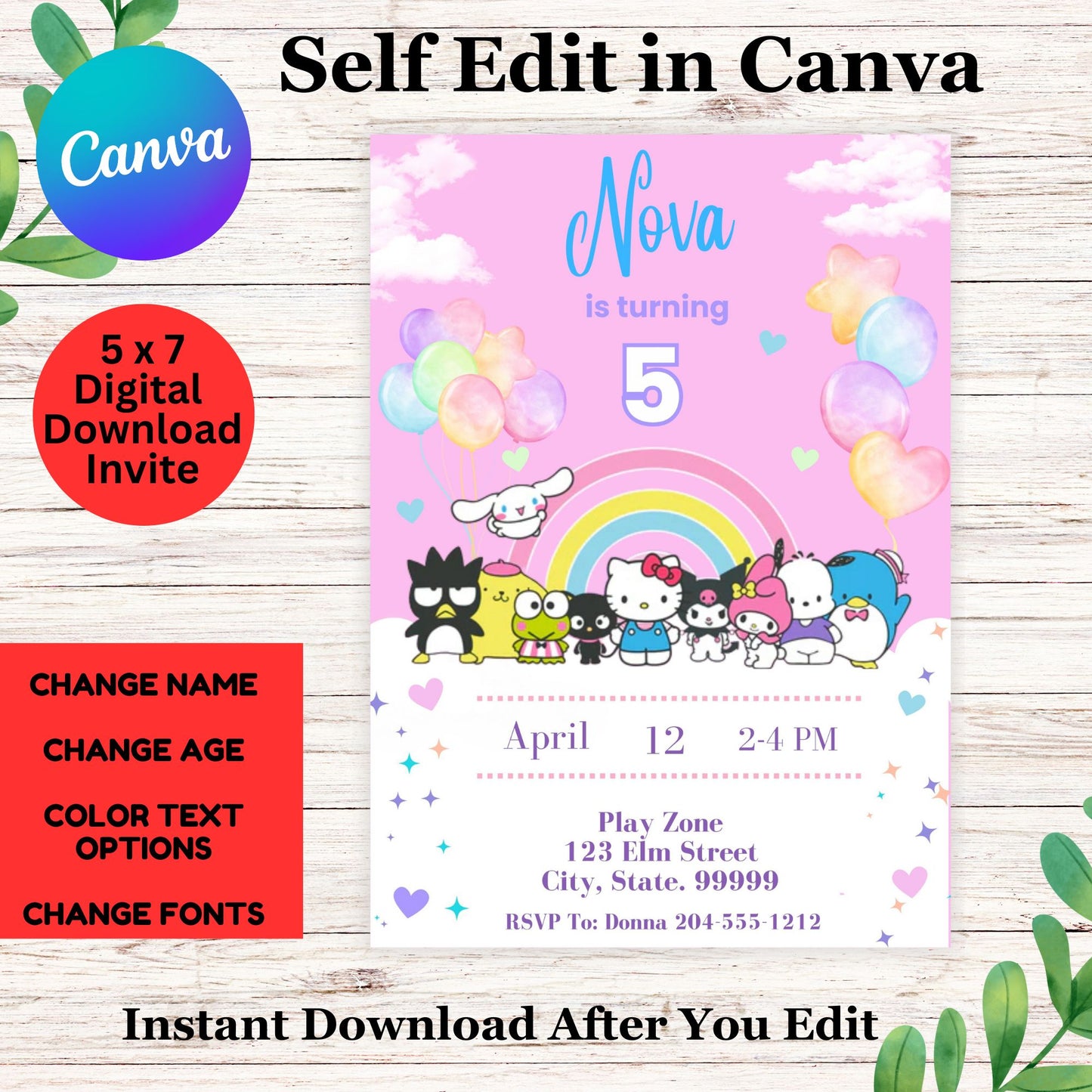 Editable Hello Kitty and Friends Birthday Invitation Template, Kawaii Sanrio Party Invite, Digital Download, Girls Birthday Party, Instant Access