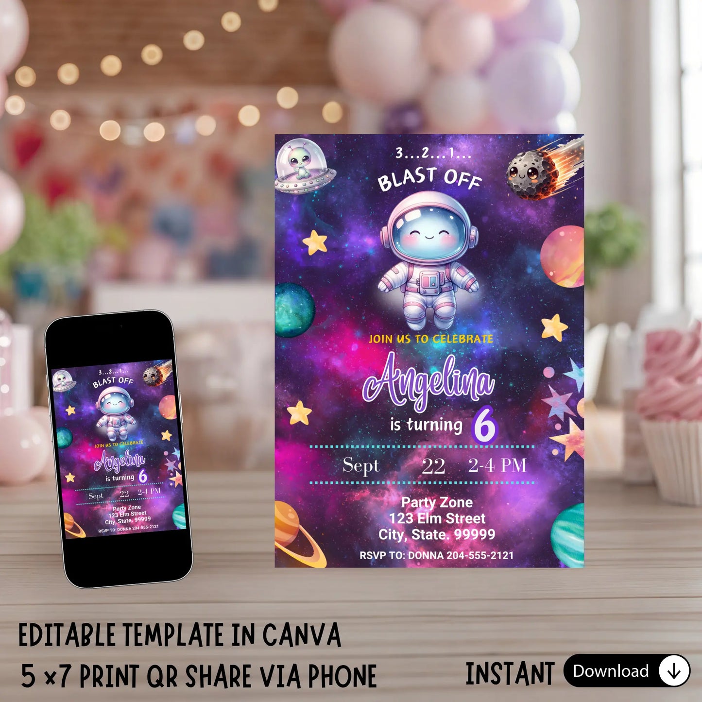 Editable Blast Off Birthday Invitation Template, Girl Outer Space Party, Pastel Planet Galaxy Invite, Astronaut Theme Instant Download