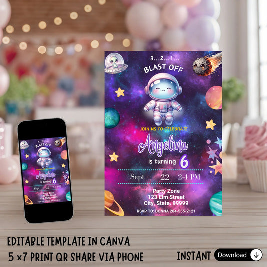 Editable Blast Off Birthday Invitation Template, Girl Outer Space Party, Pastel Planet Galaxy Invite, Astronaut Theme Instant Download