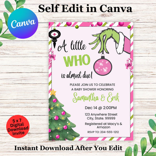"A Little Who Is Due" Grinch Baby Shower Invitation | Editable Grinchmas Invite | Christmas Baby Shower Template | Instant Download | Whoville Theme