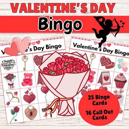 Printable Valentine's Day Bingo Game: 25 Unique Cards, Fun Classroom Activity, Kids & Adults Party Game, Instant Digital Download, Galentine's Day