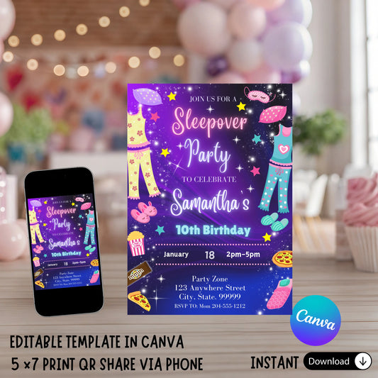 Editable Sleepover Birthday Party Invitation, Girls Slumber Party Invite, Printable Pajama Party Template, Instant Download