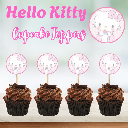 Printable Hello Kitty Cupcake Toppers, Hello Kitty Baby Shower Decor, Instant Download Digital File, Kitty Cat Birthday Party Supplies, DIY Party Decor, Favor Tags
