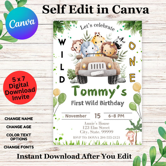 Editable Boys Safari Birthday Invitation Template, Jungle Animals Party Invite, Wild One Zoo Birthday, Instant Download, Printable Canva Template