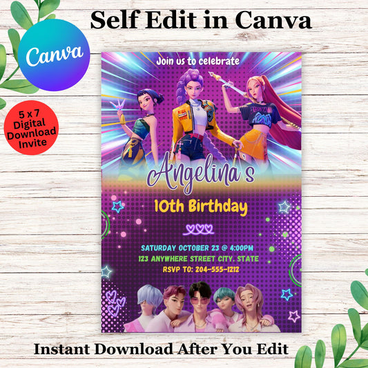 K-Pop Demon Hunters Birthday Invitation Template | Editable Canva Template Digital Download