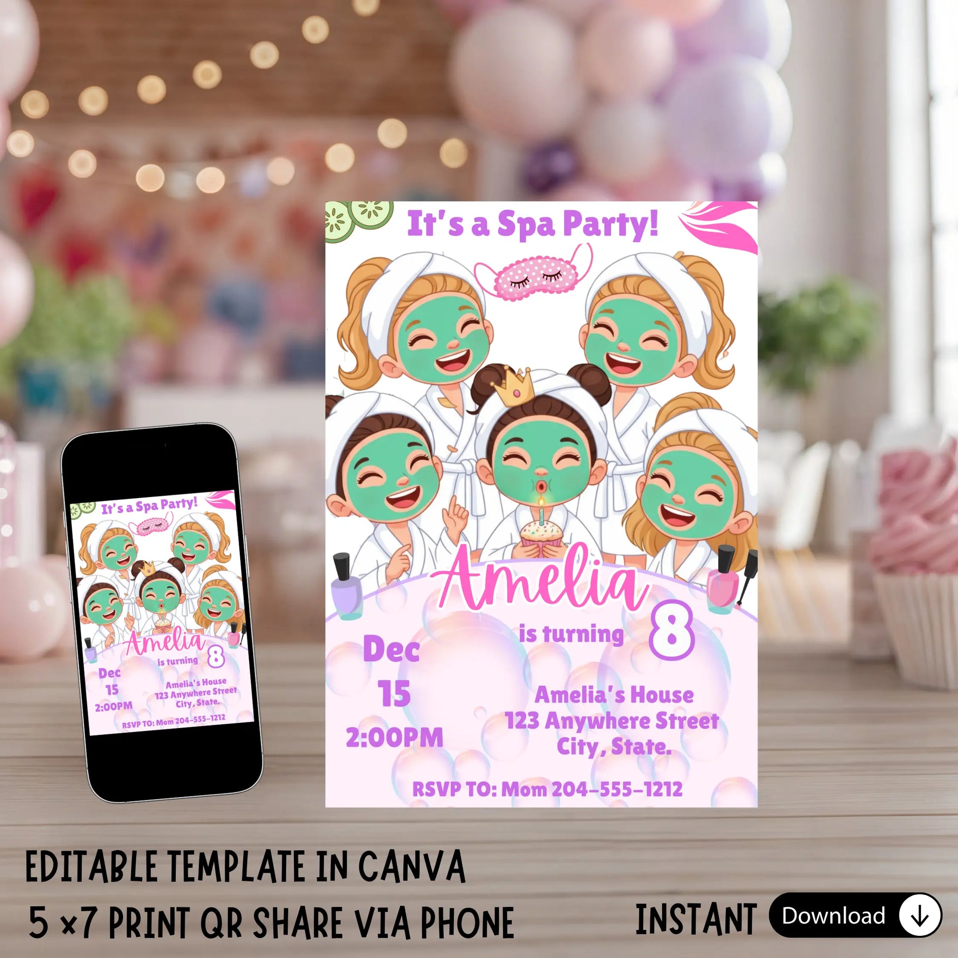 Editable Girls Spa Birthday Invitation Template, Pamper Party Invite, Kids Spa Day, Digital Download, Printable, Tween Birthday Party Invite, Instant Access