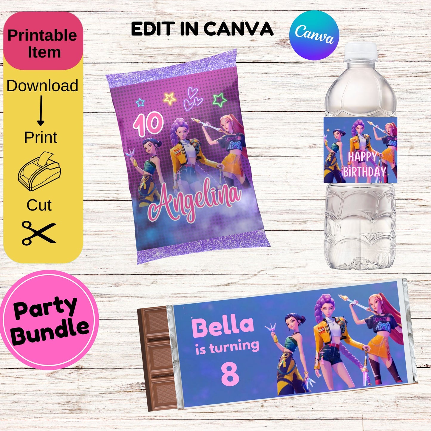 K-Pop Demon Hunters Party Bundle | Editable Candy Bar Wrappers & Snack Labels | Huntrix Birthday Digital Kit