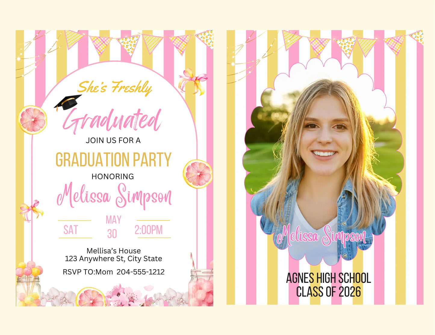 Freshly Graduated Freshly Graduated Party Invite- Cute Citrus Girl Grad Announcement & Invite, Editable Summer Limoncello Theme Girly Girl Tutus