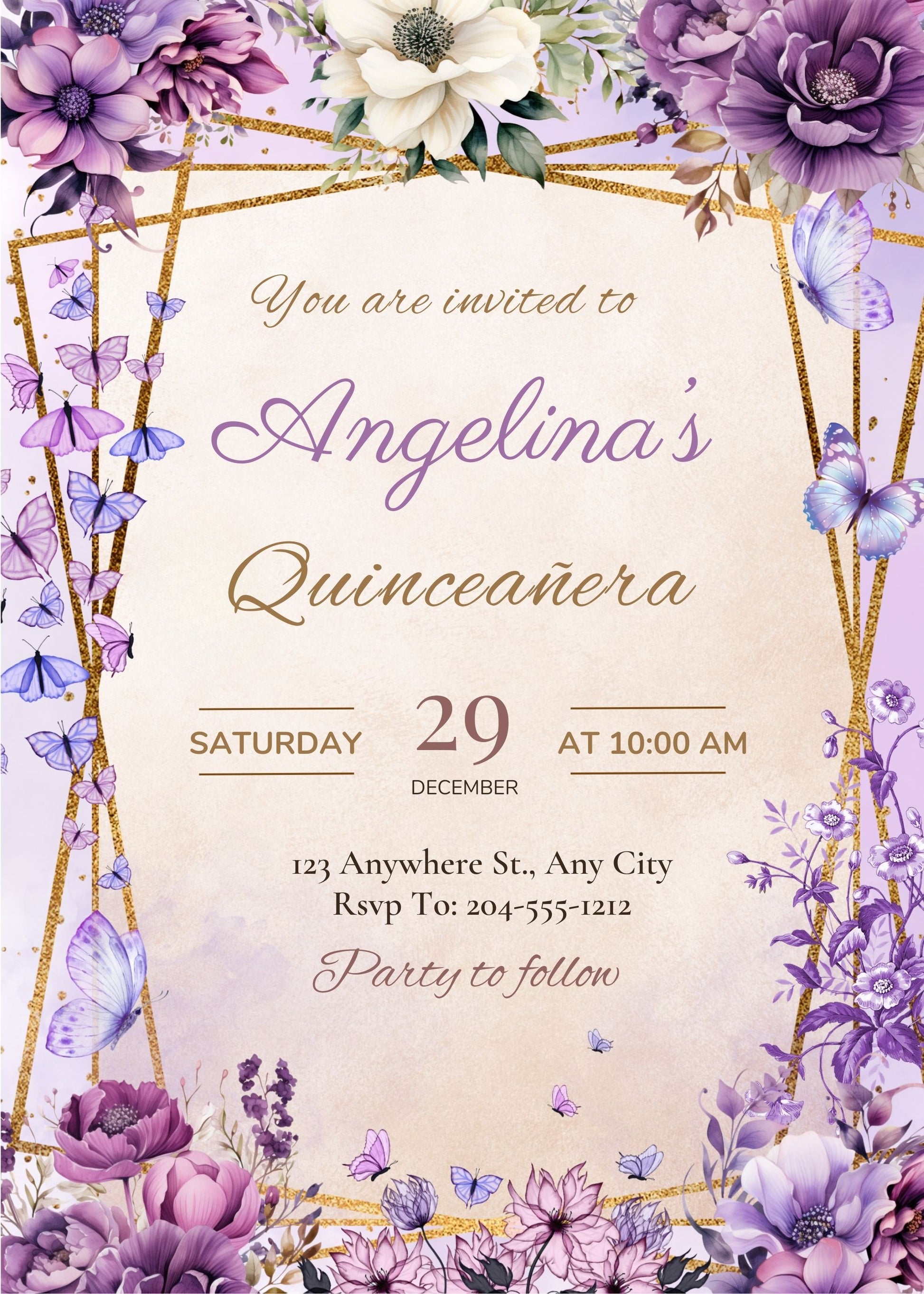 purple quinceanera birthday party invite 