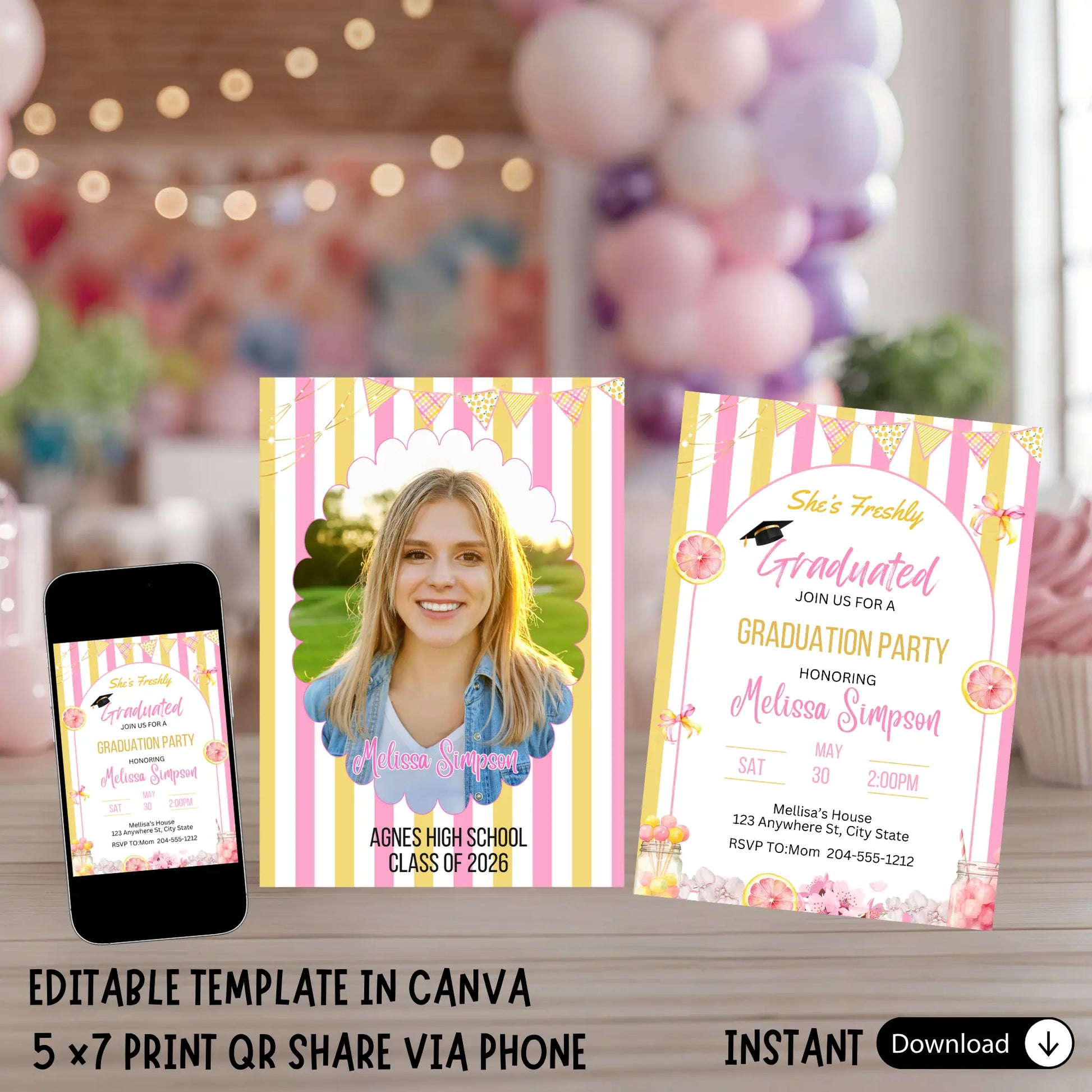 Freshly Graduated Lemon Graduation Party Invitation - Cute Citrus Girl Grad Announcement & Invite, Editable Summer Limoncello Theme
