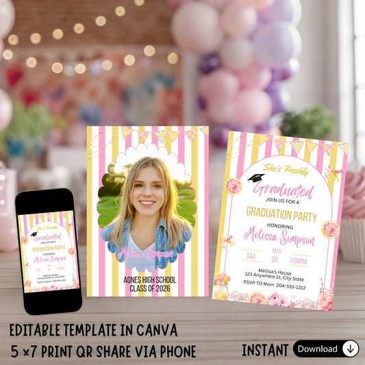 Freshly Graduated Lemon Graduation Party Invitation - Cute Citrus Girl Grad Announcement & Invite, Editable Summer Limoncello Theme
