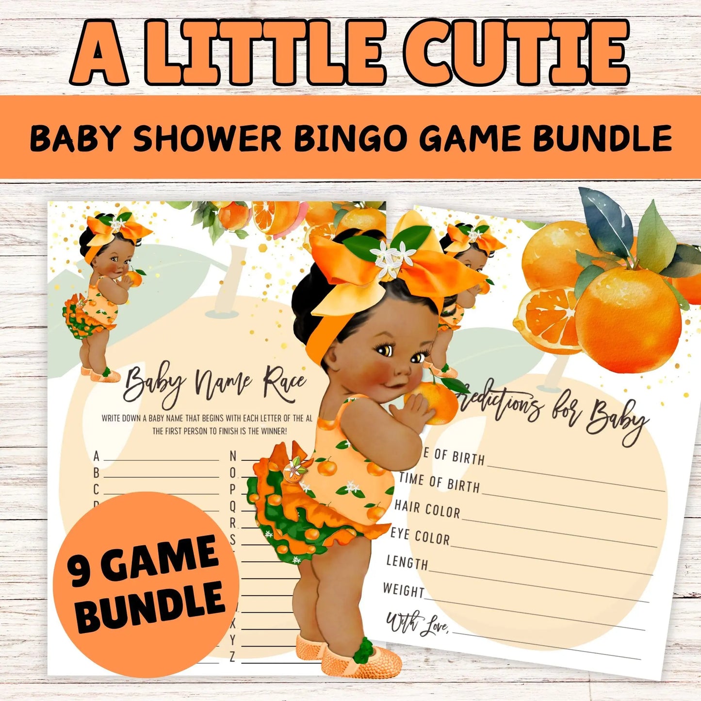 Little Cutie Baby Shower Games Bundle, African American Girl Printable Games, Orange Citrus Clementine Boho Shower, Editable Instant Download