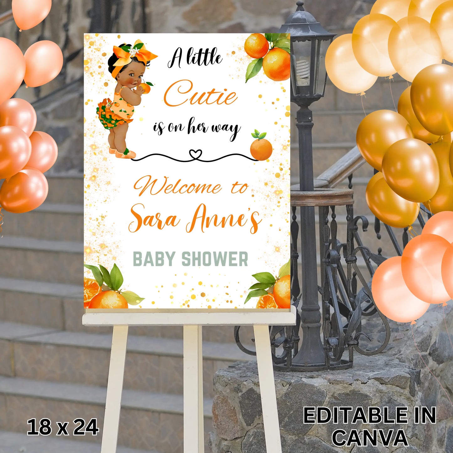 A Little Cutie is on Her Way Baby Shower Welcome Sign Template. Editable African American Girl Welcome Sign, Digital Orange Citrus Baby Shower Deco