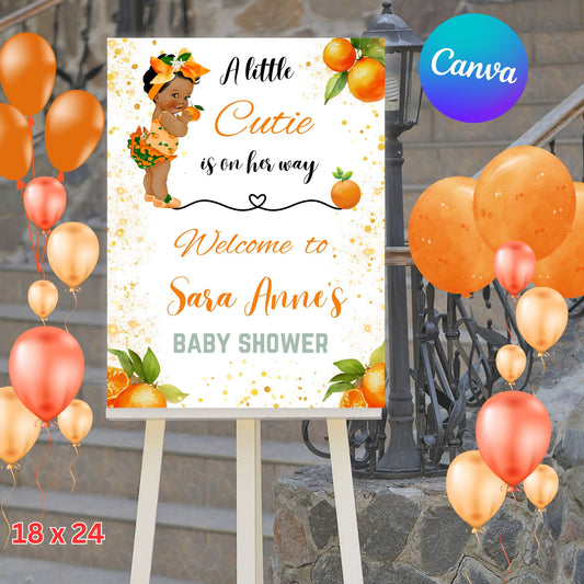 A Little Cutie is on Her Way Baby Shower Welcome Sign Template. Editable African American Girl Welcome Sign, Digital Orange Citrus Baby Shower Deco