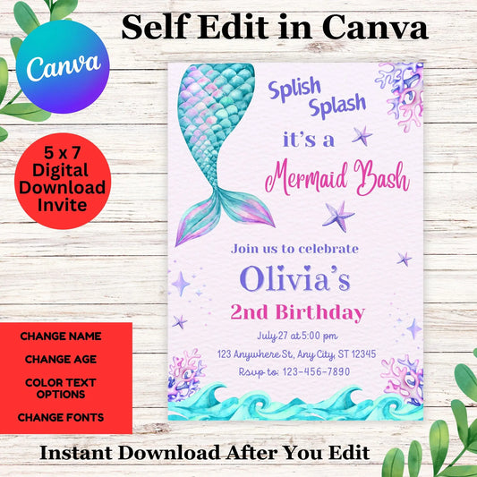 Editable Splish Splash Mermaid Pool Party Invitation Template, Girl Under The Sea Birthday Invite, Pastel Watercolor Mermaid Tail Bash, Instant Download