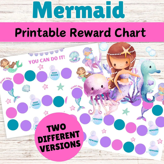 A printable reward chart with a mermaid theme, featuring illustrations of mermaids, a unicorn, and various sea creatures. The chart includes circles for rewards and text encouraging positive behavior.
