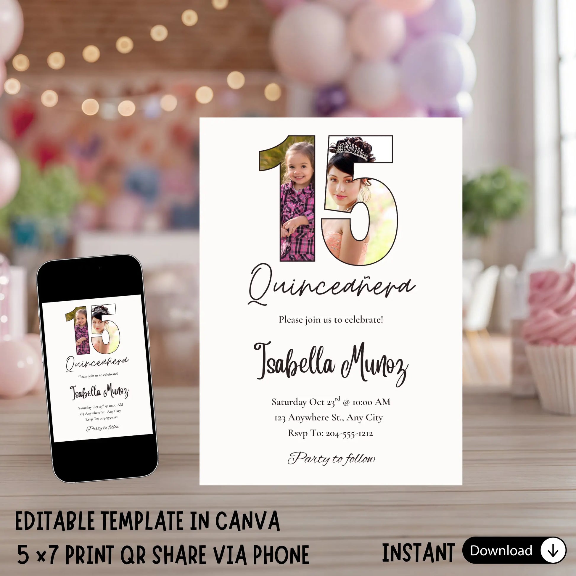 Editable Minimalist Quinceañera Photo Invitation Template - Modern 15th Birthday Party Invite, Simple Photo Collage, Printable 15 Invite - Canva Template