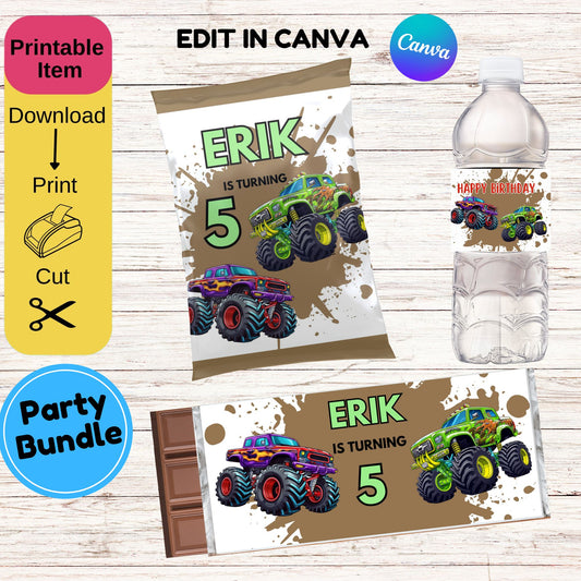 Monster Truck Birthday Party Bundle - Editable Monster Truck Candy Bar Template 