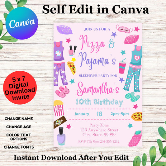 Girls Sleepover Party Invitation, Editable Pajama Birthday Invite Template, Printable Slumber Party, Instant Download
