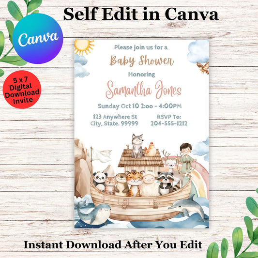 Noah's Ark Baby Shower Invitation Template - Editable Noah's Ark Baby Shower Invite  