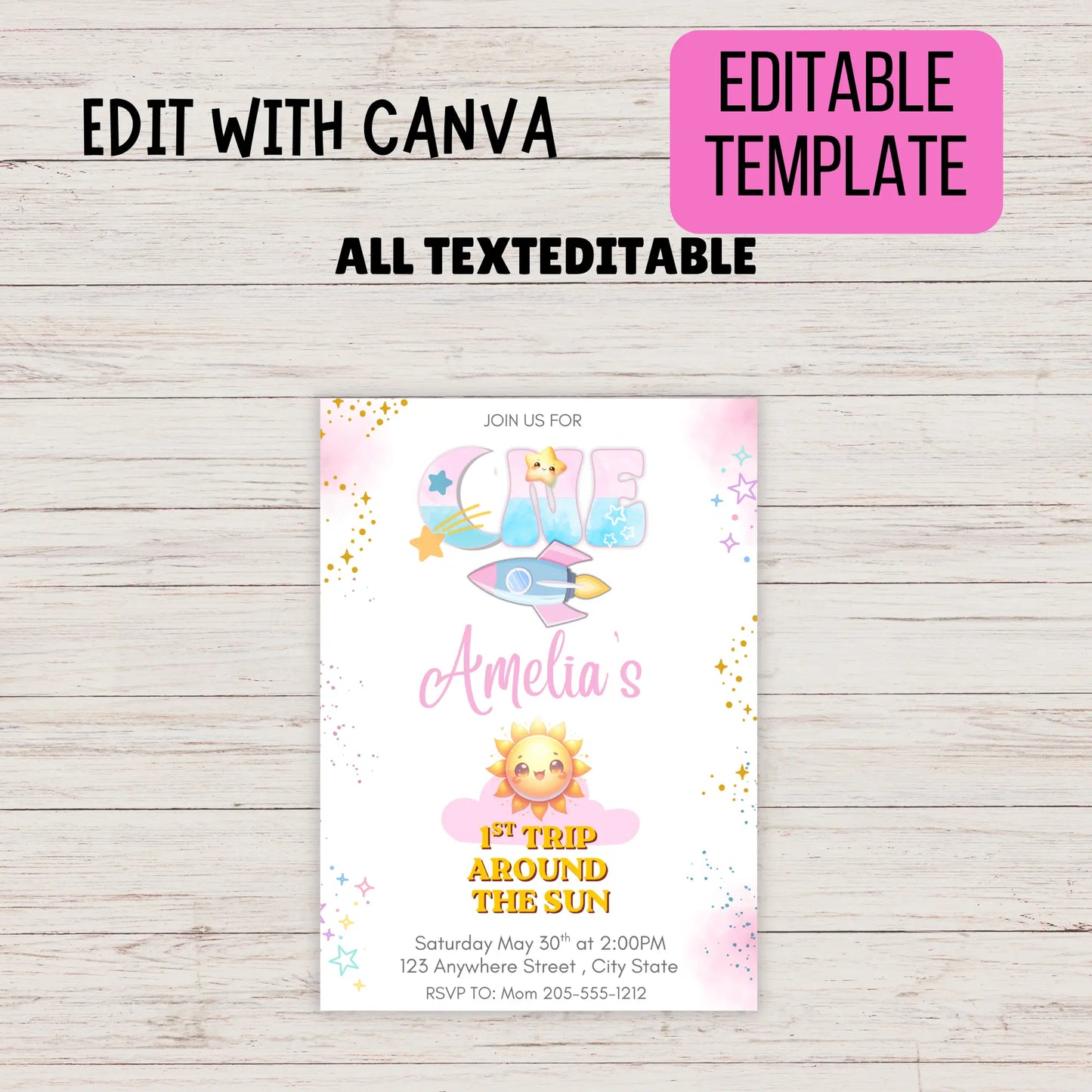 One around the sun pink and gold invite," "Sun and rainbow 1st birthday girl