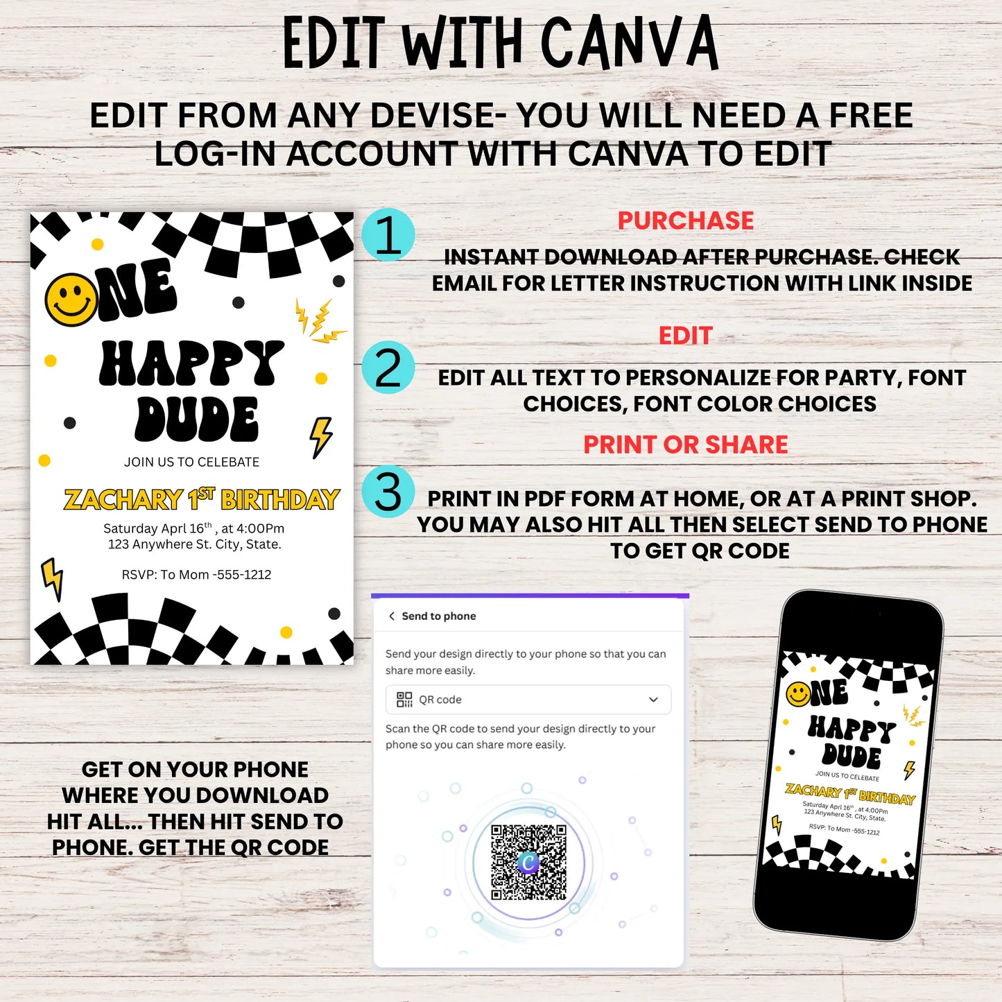 Printed One Happy Dude invitation card styled with party decor including a smiley face balloon and blue checkerboard patterns