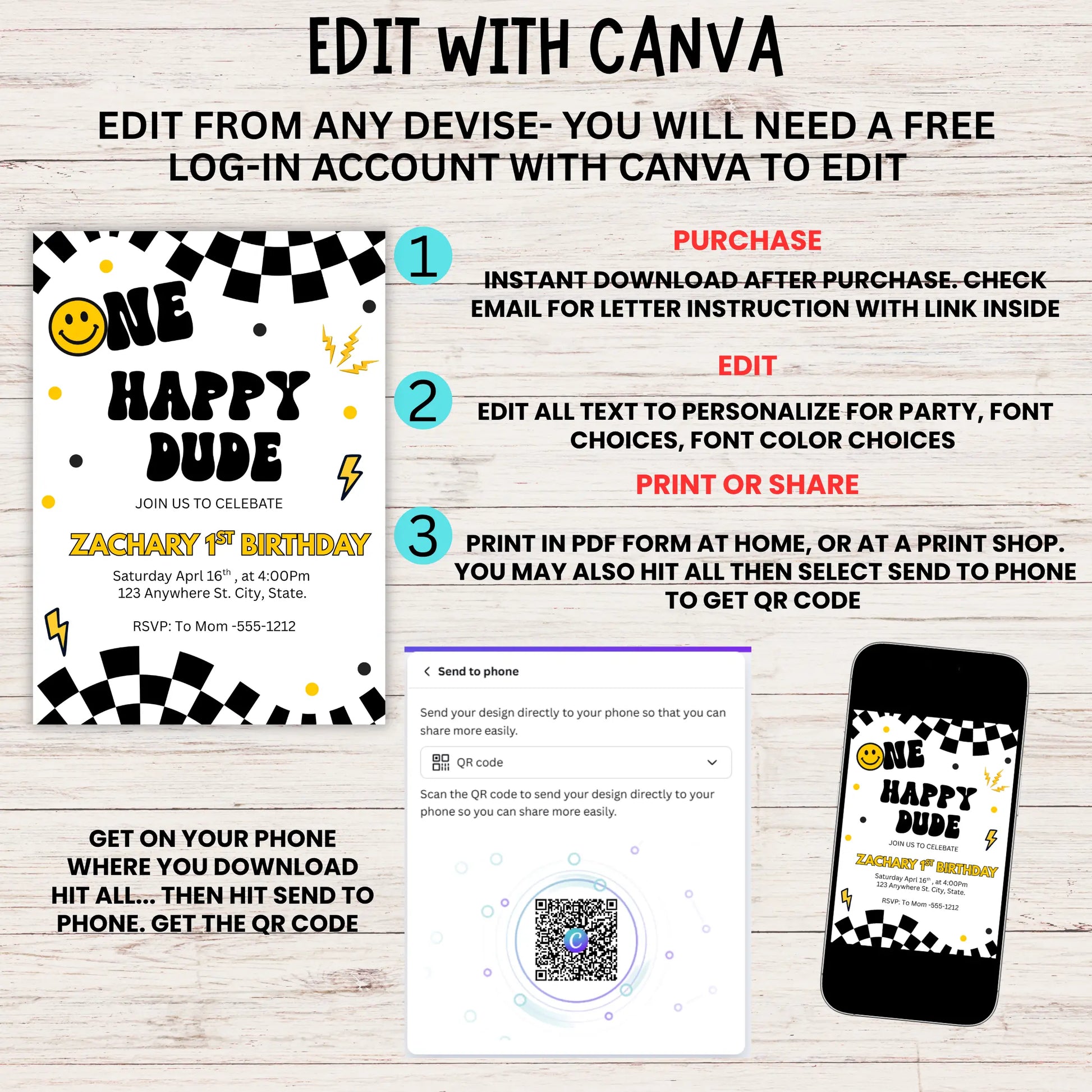 Printed One Happy Dude invitation card styled with party decor including a smiley face balloon and blue checkerboard patterns