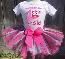 Load image into Gallery viewer, Girls Owl Birthday Tutu Outfit, Customized T-shirt
