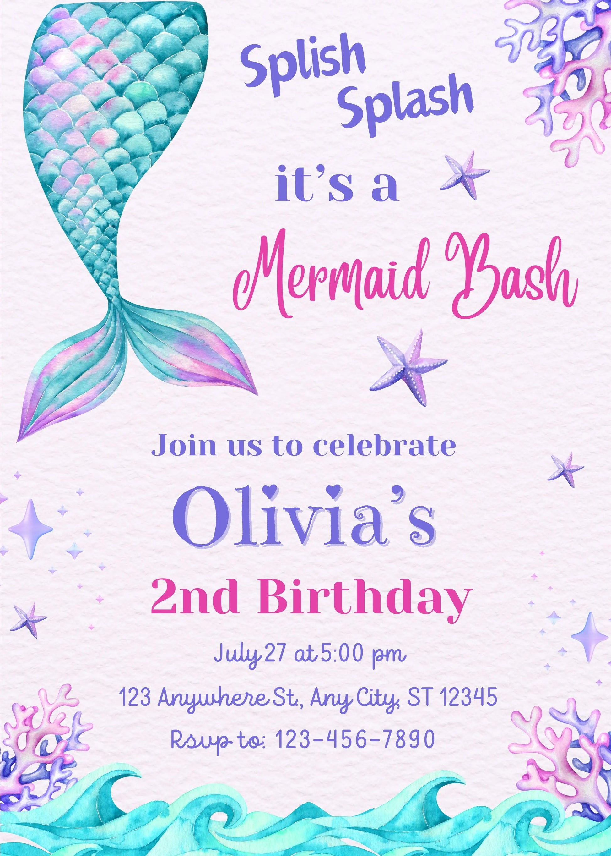 Girl Birthday Bash, Editable Invitation, Canva Template, Watercolor Mermaid, 