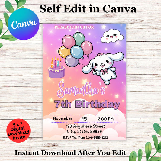 Editable Cinnamoroll Birthday Invitation Template | Sanrio Kawaii Party Invite | Instant Digital Download | Canva